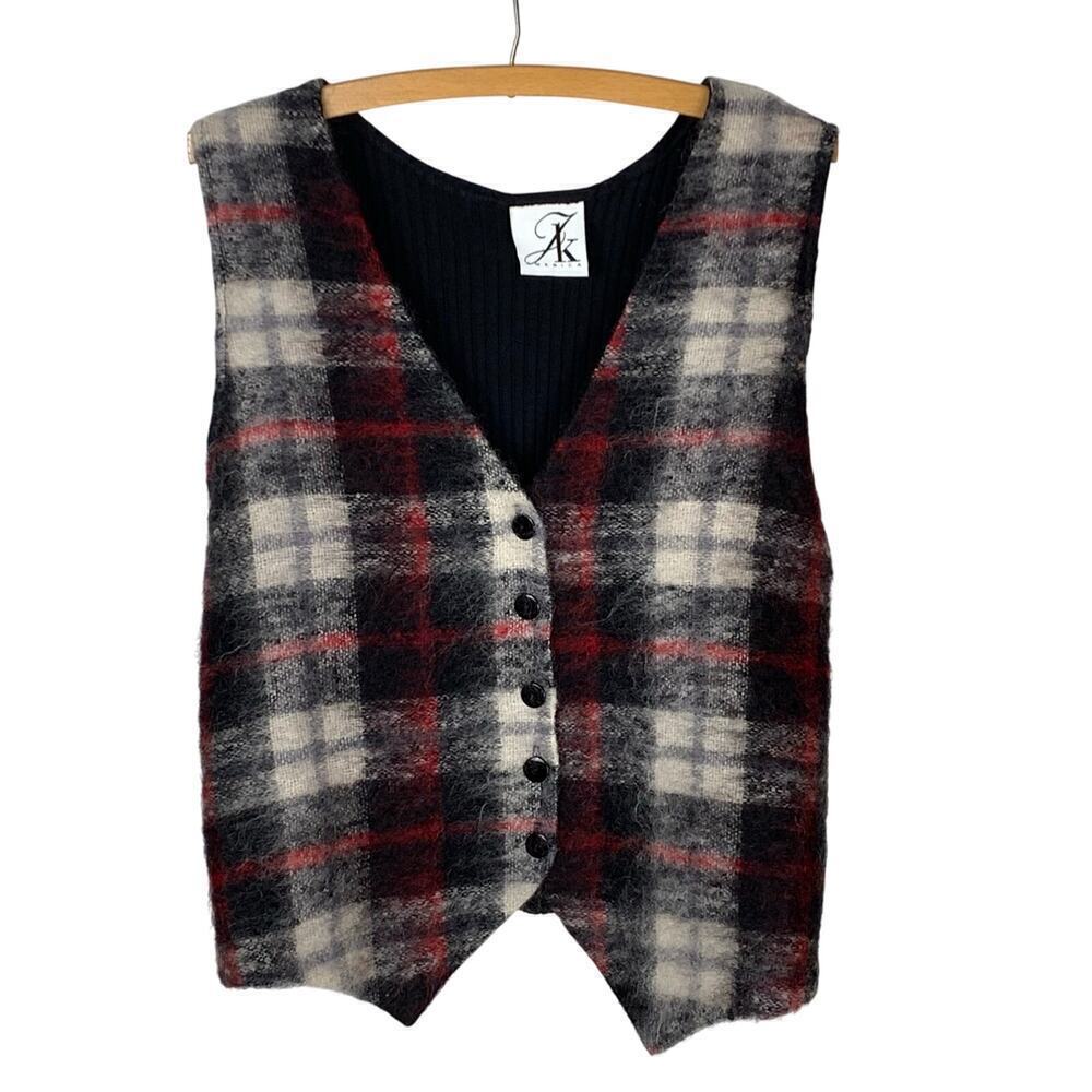 JK America Vintage Red Black White Mohair Plaid Vest Size 14/16 SALE